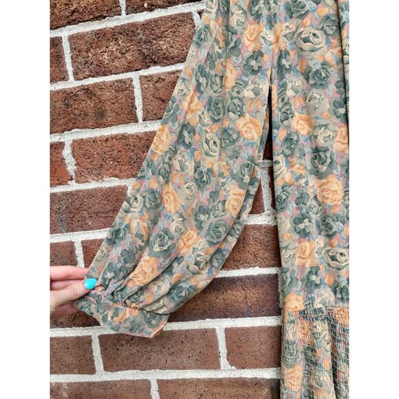 Vintage 1980s Taurus II Floral Print Dress Lace Collar Long Sleeve Drop Waist - Picture 6 of 15